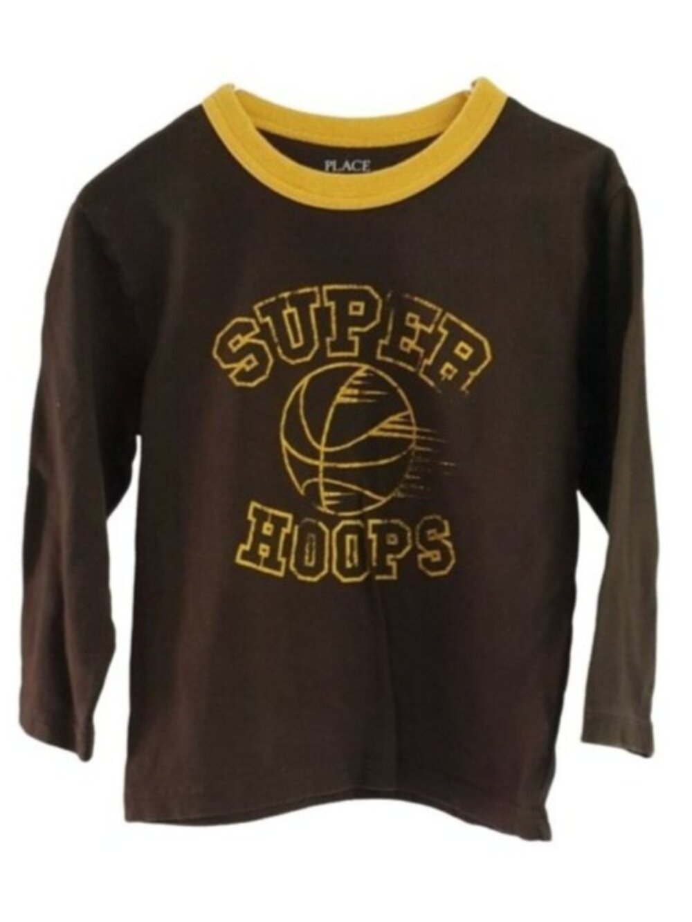 Children's Place Boys Super Hoops Basketball T Shirt Brown XS Long Sleeve Crew